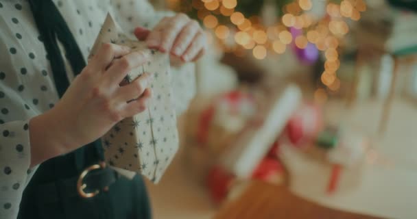 Vista Mujer Alegre Que Adorna Los Regalos Navidad Que Envuelven — Vídeo de stock