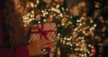 Bayram boyunca Noel ağacının yanında duran hediye kutulu bir kadın.