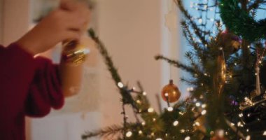 Oturma odasındaki Noel ağacını süslerken takı bağlayan genç bir kadının orta kısmı.