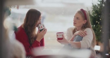 Güzel bir kadın kız kardeşiyle konuşuyor. Noel 'de evde kahve içiyor.
