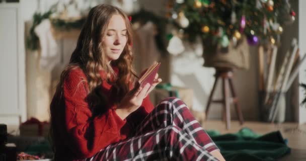 美しい女性は本を読み クリスマス中に明るい太陽が照らされた家で目を閉じて座っています — ストック動画