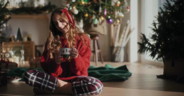 圣诞节期间 漂亮的年轻女子坐在明亮的家中 两腿交叉坐在一起喝咖啡 — 图库视频影像