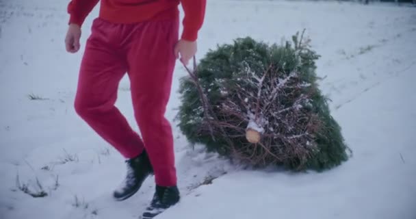 Alacsony Része Ember Húzza Karácsonyfa Havas Táj — Stock videók