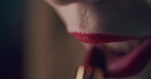 Primer Plano Mujer Joven Que Aplica Lápiz Labial Rojo Mientras — Vídeos de Stock