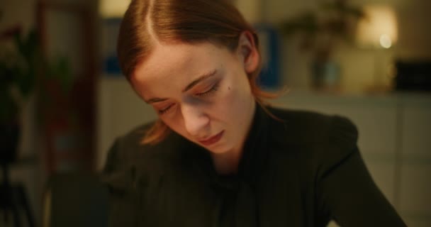 Lonely Young Female Entrepreneur Working Late Illuminated Workplace — Stock Video
