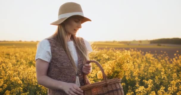 Experience Joy Success Smiling Woman Runs Lush Yellow Oilseed Canola — Stock Video