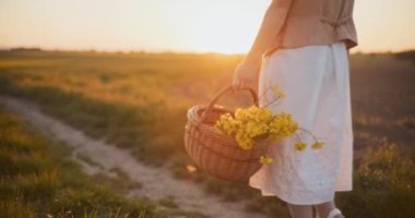 Neşeli pozitiflikte, gülümseyen bir kadın canlı bir yağ çekirdeği tecavüz sahasına karşı duruyor, sepeti tutuyor, bu büyüleyici portrede neşe ve mutluluk saçıyor.