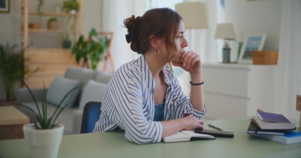 一个情绪低落的女商人坐在她的办公桌前的形象 体现了她在职业旅行中的失望和挫折 说明失败概念的理想 — 图库视频影像
