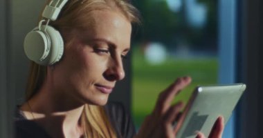 Yoğunlaşmış bir kadın dijital tablet ve kablosuz kulaklık kullanıyor.