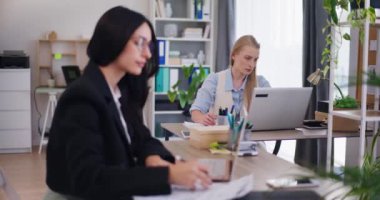 Ofisteki bilgisayarlarda çalışan iki kadın ofis çalışanı, konsantre ve görevleriyle meşguller..