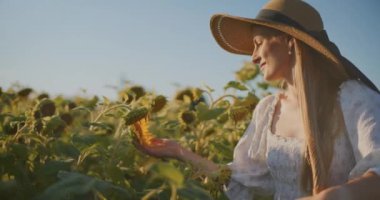 Yazlık elbiseli köylü kadın Ayçiçeği tarlasında mutlu.