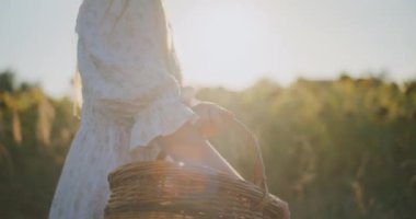 Ayçiçeği tarlasının arka planına hasır bir sepetin yakın çekimi.