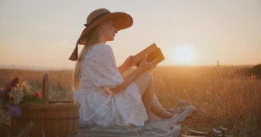 Düşünceli kadın kitap okur ve altın gün batımında mutlu olur..