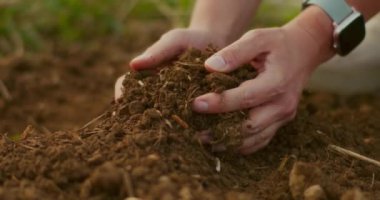 Çiftçi toprak yapısını inceler, ellerindeki toprağı parçalar ve parçalar..