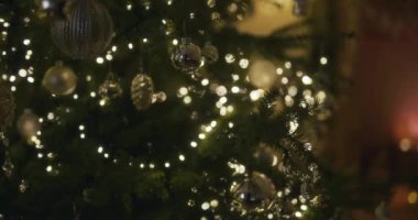 Noel ağacının detaylarıyla süslenmiş güzel mücevherler ve tatillerde parlayan ışıklarla..