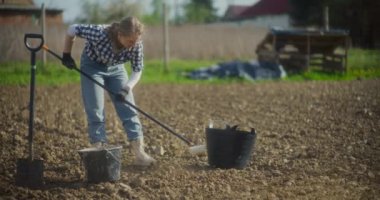 Kararlı bir kadın tarlasını organik sebzeler yetiştirmek için hazırlıyor. Kimyasallar ve GDO 'lar olmadan sürdürülebilir tarım yöntemlerine odaklanıyor..