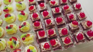 Renkli meyvelerle süslenmiş taze tatlılar. Detaylı bir yakın plan çekimde gösteriliyor..