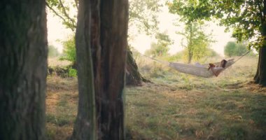 Huzurlu bir kız yeşil ağaçlar ve doğa ile çevrili bir hamakta dinleniyor.