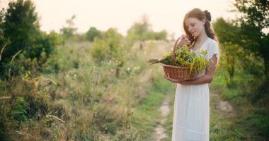 Beyaz elbiseli gülümseyen genç bir kız gün batımında çiçekli bir sepet tutuyor.