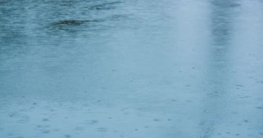 Yağmur damlaları sakin nehir yüzeyinde dalgalanmalar yaratır, yavaş çekimde yakalanır..