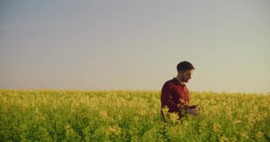 Genç bir çiftçi canlı, çiçek açan bir kolza tarlasında duruyor. Tarımın ve doğanın güzelliğini gözler önüne seriyor..