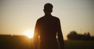 Çiftçinin silueti tarlaların üzerinde güneşin altında yürüyor..