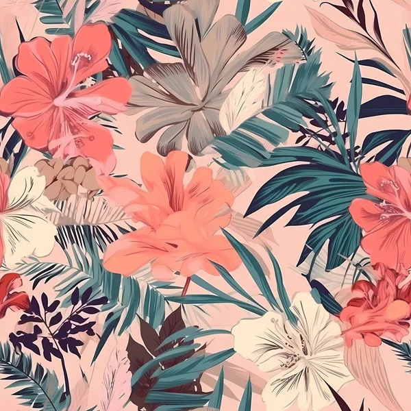 Vibrant Tropical Pattern Featuring Palm Leaves Flowers Pink Background Evoking — Stock Photo, Image