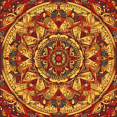 Sıcak ve parlak renklerde canlı bir mandala deseni, armoni yayan ve pozitif enerji yayan karmaşık tasarımlar içeriyor. Bu süslü sanat eserleri herhangi bir projeye ya da uzaya güzellik, denge ve sükunet katar.