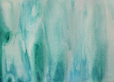 Soyut arkaplan ve doku deseni yeşil beyaz zemin üzerinde mavi renk akışı, resimli suluboya el çizimi ve kağıt üzerine boyanmış