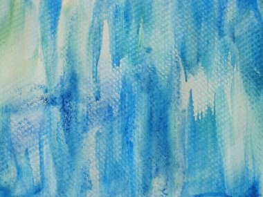 Soyut arkaplan ve doku deseni yeşil beyaz zemin üzerinde mavi renk akışı, resimli suluboya el çizimi ve kağıt üzerine boyanmış