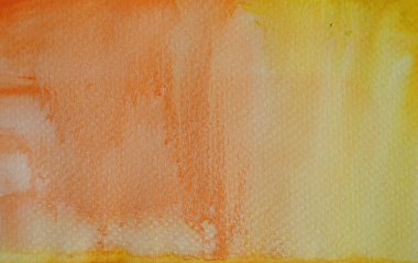 Beyaz kağıda suluboya vuruşu ve sprey, elle sarıya boyanmış, turuncu ve kırmızı renkli sıvı damlalar.