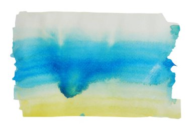 Beyaz zemin üzerinde izole edilmiş sarı ve yeşil renk akışına sahip soyut arkaplan ve doku deseni, suluboya el çizimi ve kağıda boyanmış