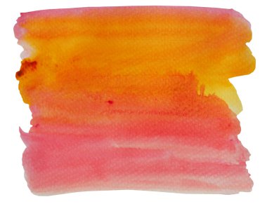 Beyaz kağıda suluboya vuruşu ve sprey, beyaz arkaplanda izole edilmiş kırmızı ve turuncu sıvı damlatarak elle sarıya boyanmış soyut arkaplan