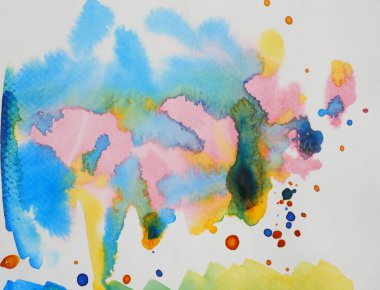 Soyut arkaplan ve desen mavisi ile pembe ile turuncu ve yeşil renk akışı beyaz arka planda, illüstrasyon suluboya el çizimi ve kağıt üzerine boyanmış