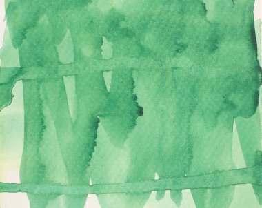 Beyaz zemin üzerinde soyut arkaplan ve doku deseni yeşil renk akışı, resimli suluboya el çizimi ve kağıt üzerine boyanmış