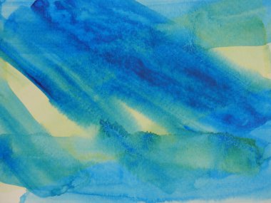 Beyaz zemin üzerinde sarı ve yeşil renk akışı olan soyut arkaplan ve doku deseni, suluboya el çizimi ve kağıt üzerine boyanmış