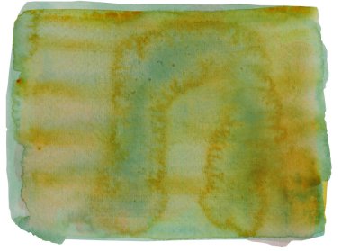 Beyaz zemin üzerinde izole edilmiş sarı ve yeşil renk akışına sahip soyut arkaplan ve doku deseni, suluboya el çizimi ve kağıda boyanmış