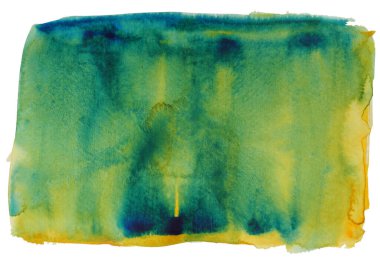 Beyaz zemin üzerinde izole edilmiş sarı ve yeşil renk akışına sahip soyut arkaplan ve doku deseni, suluboya el çizimi ve kağıda boyanmış