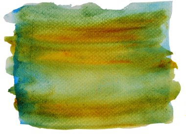 Beyaz zemin üzerinde izole edilmiş sarı ve yeşil renk akışına sahip soyut arkaplan ve doku deseni, suluboya el çizimi ve kağıda boyanmış