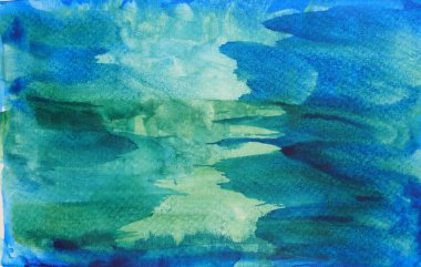 Beyaz zemin üzerinde sarı ve yeşil renk akışı olan soyut arkaplan ve doku deseni, suluboya el çizimi ve kağıt üzerine boyanmış