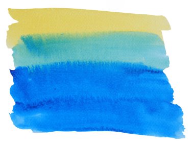 Beyaz zemin üzerinde izole edilmiş sarı ve yeşil renk akışına sahip soyut arkaplan ve doku deseni, suluboya el çizimi ve kağıda boyanmış