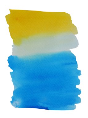 Beyaz zemin üzerinde izole edilmiş sarı ve yeşil renk akışına sahip soyut arkaplan ve doku deseni, suluboya el çizimi ve kağıda boyanmış