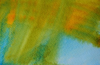 Beyaz zemin üzerinde sarı ve yeşil renk akışı olan soyut arkaplan ve doku deseni, suluboya el çizimi ve kağıt üzerine boyanmış