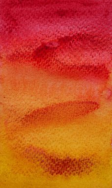 Beyaz kağıda suluboya ve sprey, elle sarıya boyanmış, turuncu ve kırmızı renkli sıvı damlalar, sonset 'te deniz.