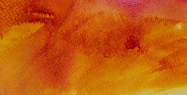 Beyaz kağıda suluboya vuruşu ve sprey, elle sarıya boyanmış, turuncu ve kırmızı renkli sıvı damlalar.