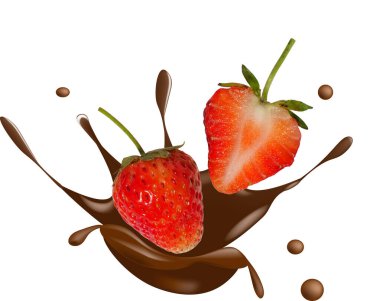 Kırmızı böğürtlen çileği, koyu çikolata ile etkileşim halinde beyaz arka planda izole edilmiş kahverengi sıvı, olgun çilek kesimi, kakao sütünde sulu eti açığa çıkarıyor.