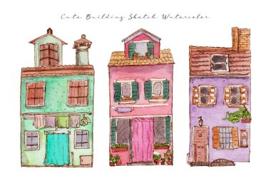 watercolor hand drawn illustration of a house with a building