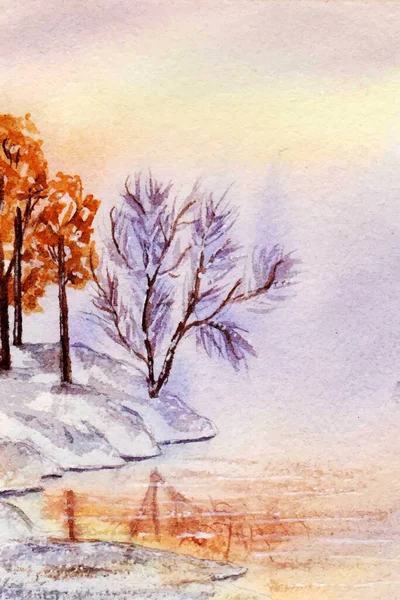 Aquarell Gemälde Eines Winterbaums Und Des Sees Hintergrund — Stockvektor