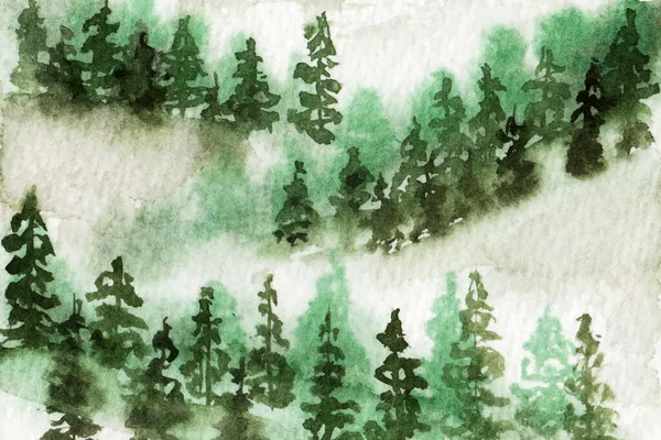 Vacker Landskap Med Dimmig Skog Akvarell Målning Bakgrund — Stock vektor