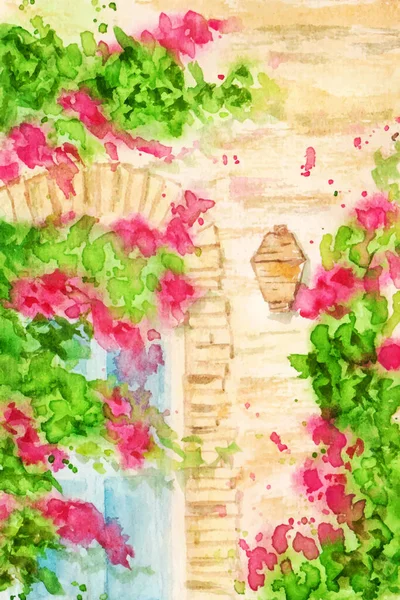 Vintage Door Flowers Hand Painted Watercolor Background — Stock Vector